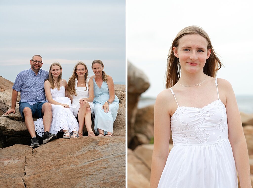 Relaxed family portrait on the rocks at Black Point in Narragansett