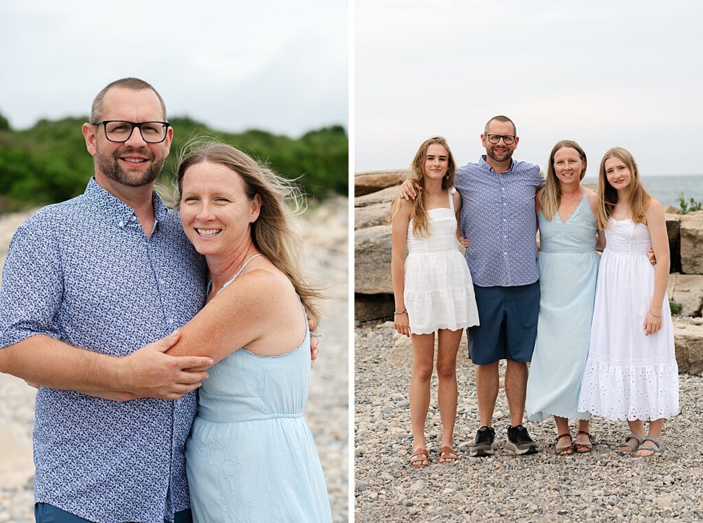 Relaxed coastal family photo with soft light and ocean backdrop