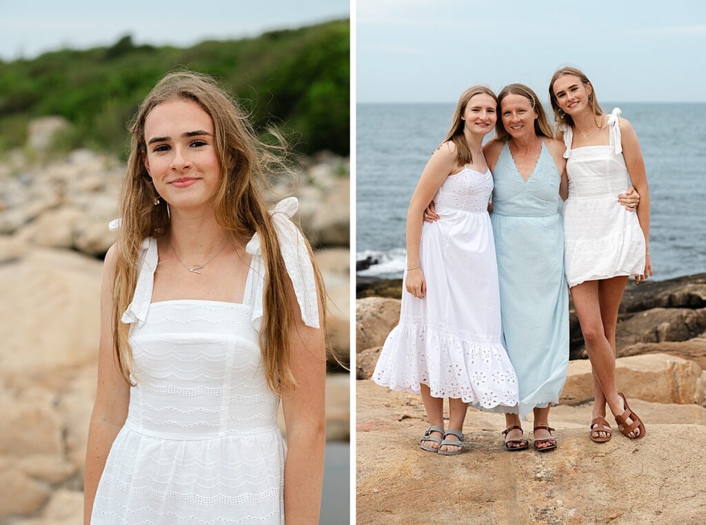 Coastal family photos on rocks with hazy summer light
