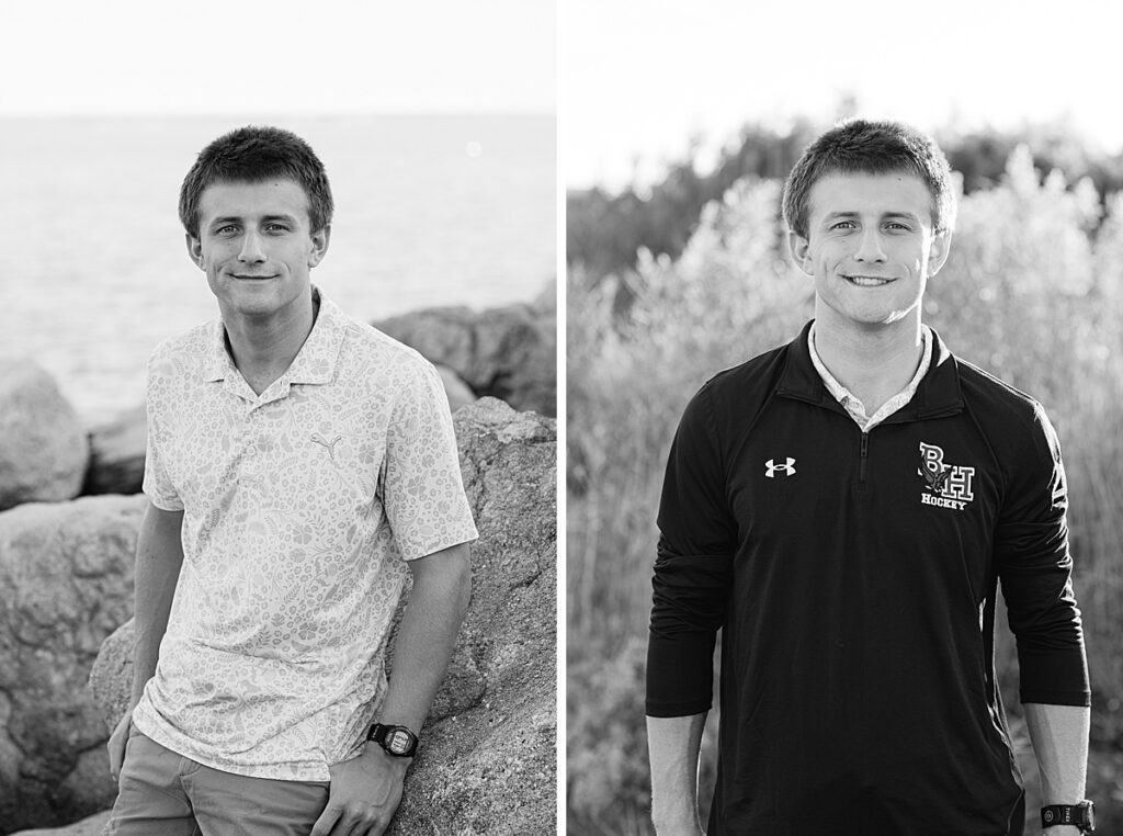 Black and white senior portrait at beach