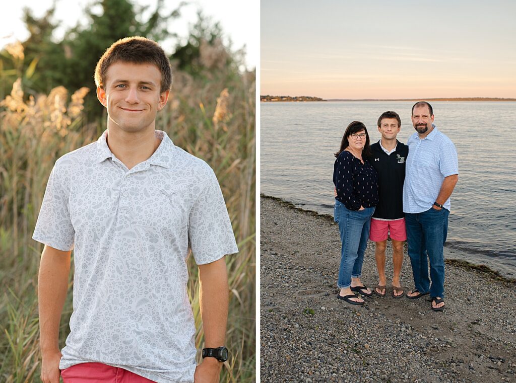 Senior boy with Parents standing on beach at sunset in front of water