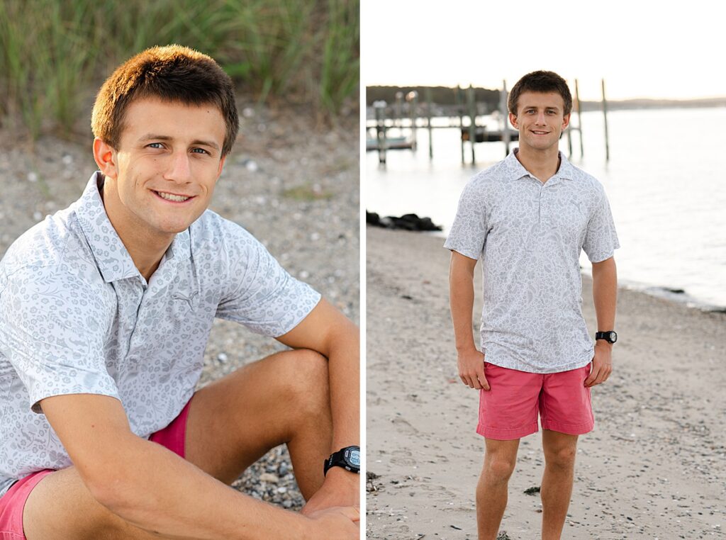 Portrait of senior boys sitting on beach in front of tall grass at Sandy point in Warwick, Rhode Island