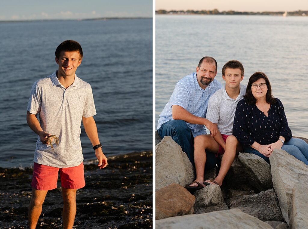 Senior boy in front of water holding a crab