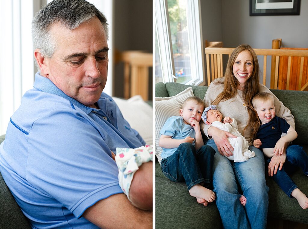 grandfather looks longingly at newborn granddaughter
