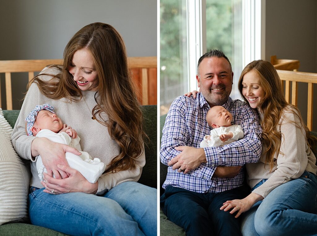 indoor home portraits of parents with newborn