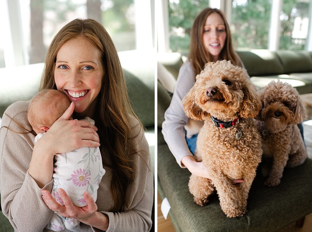 smiling mother holding newborn daughter on her chest