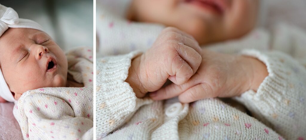 closeup of newborn baby hands and face