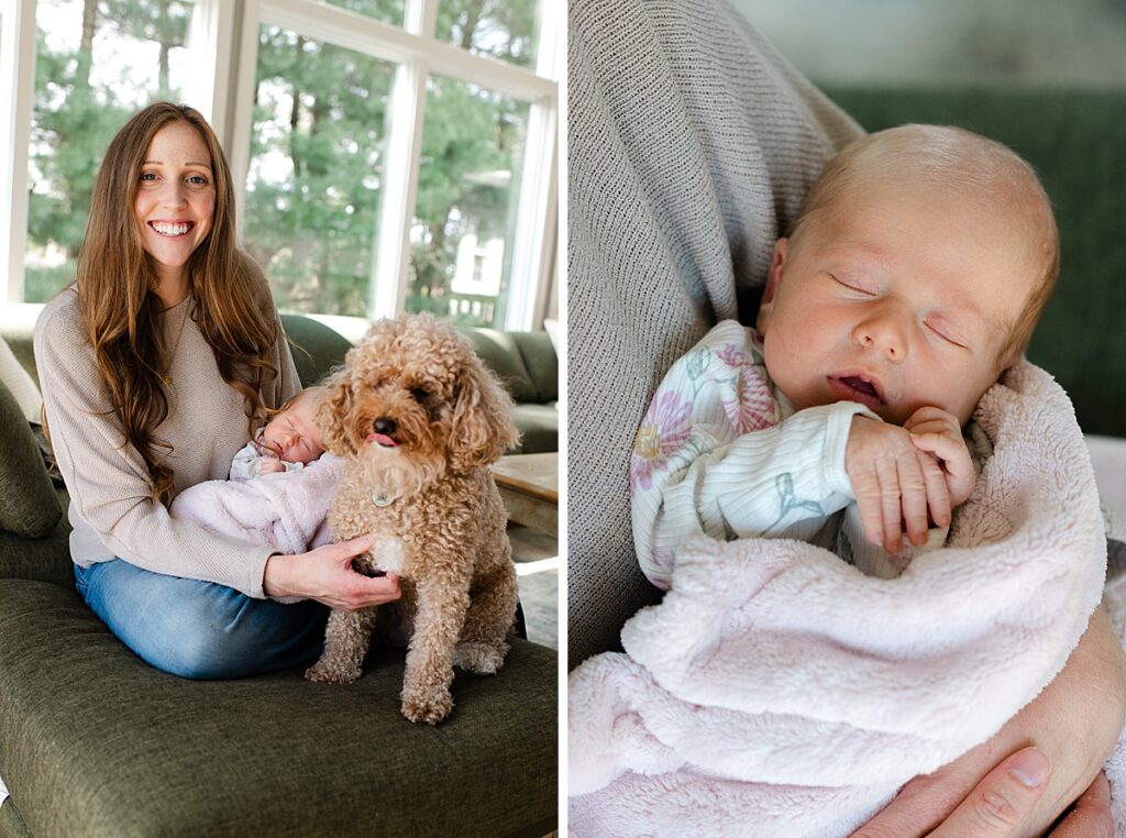 mom with newborn and pet dog on couch
