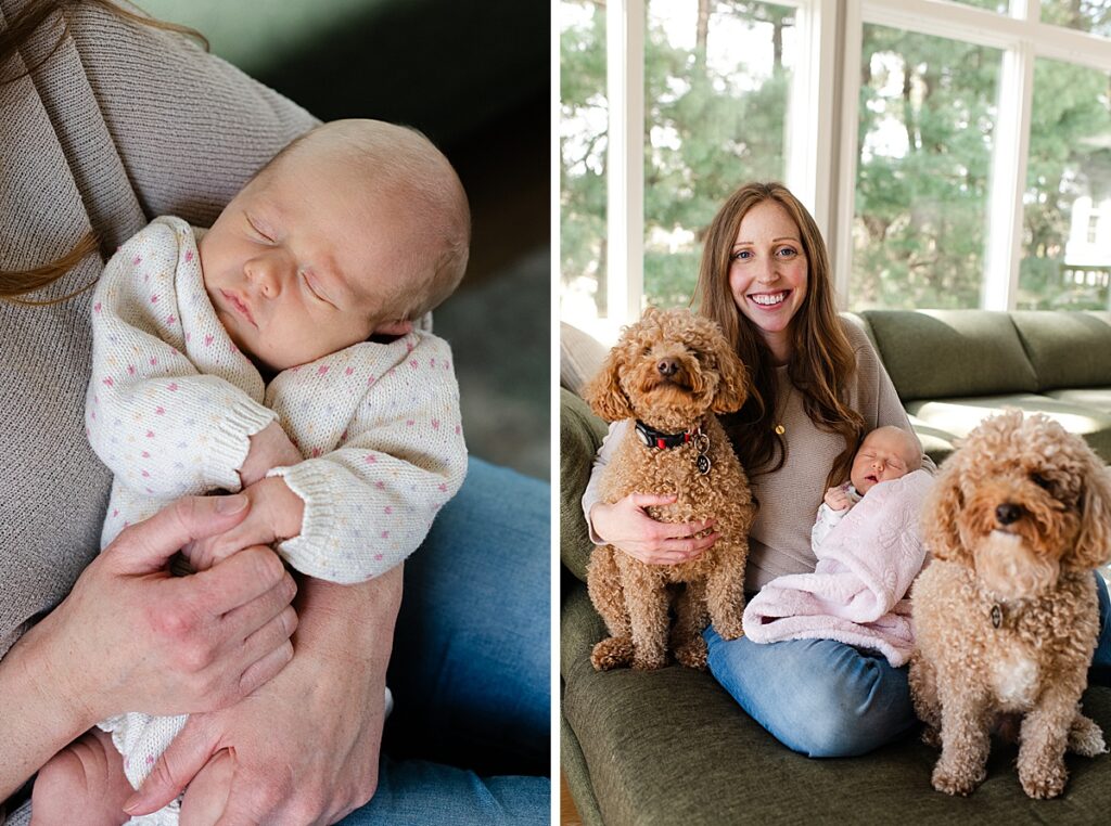 mother with newborn baby and pet dogs on couch