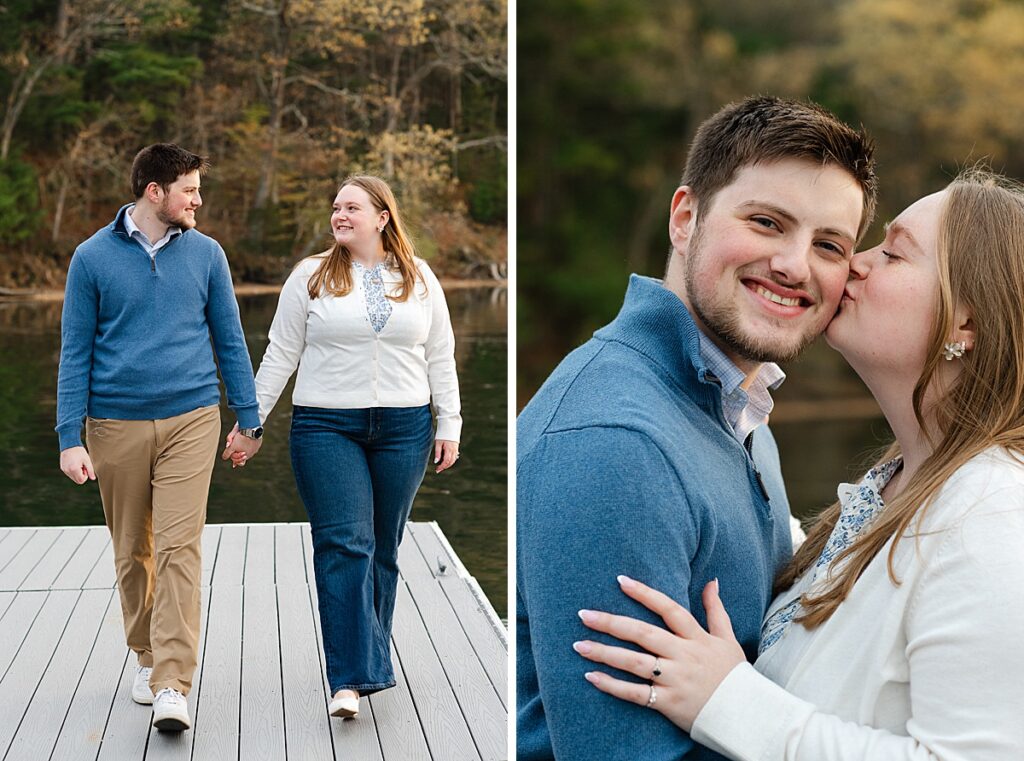 couple walking on dock holding hands looking at each other