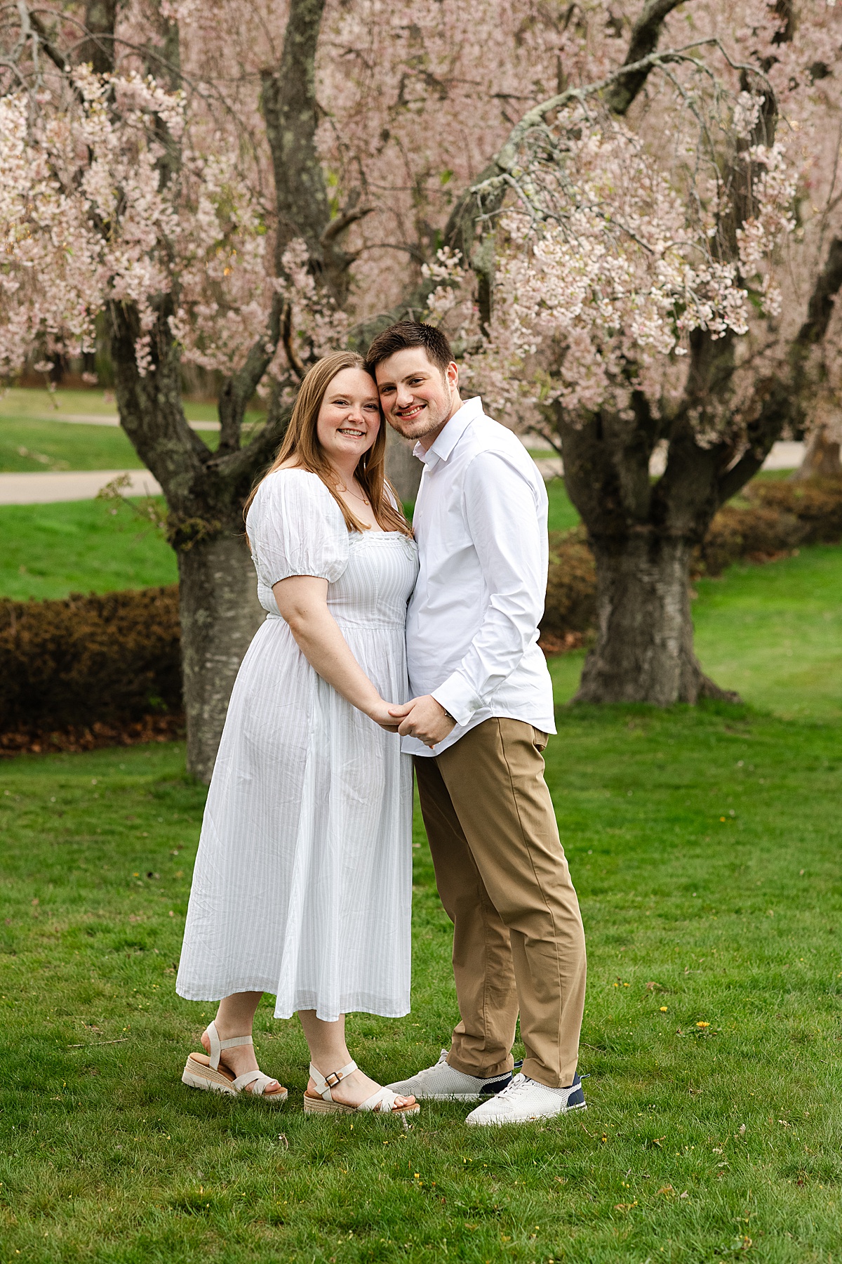 engaged couple holding hands in front of blossoming tree