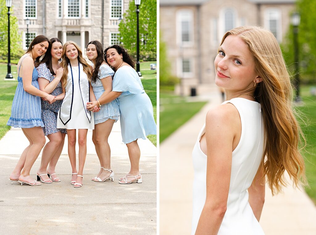 college graduate posing with friends on URI campus