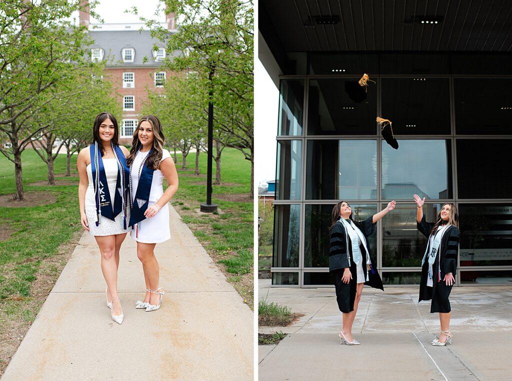 URI college graduates tossing caps in front of pharmacy building