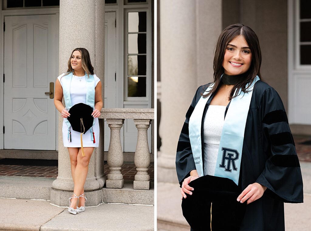 college senior holding cap in front of her while leaning against a pillar