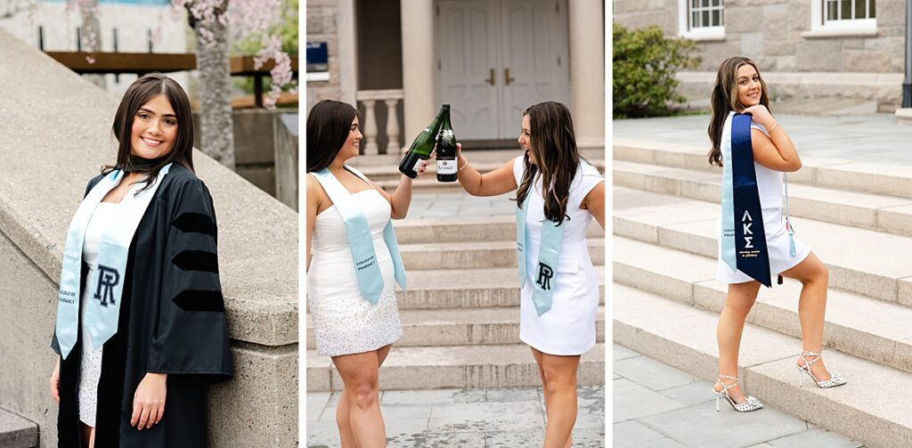 college seniors clinking champagne bottles