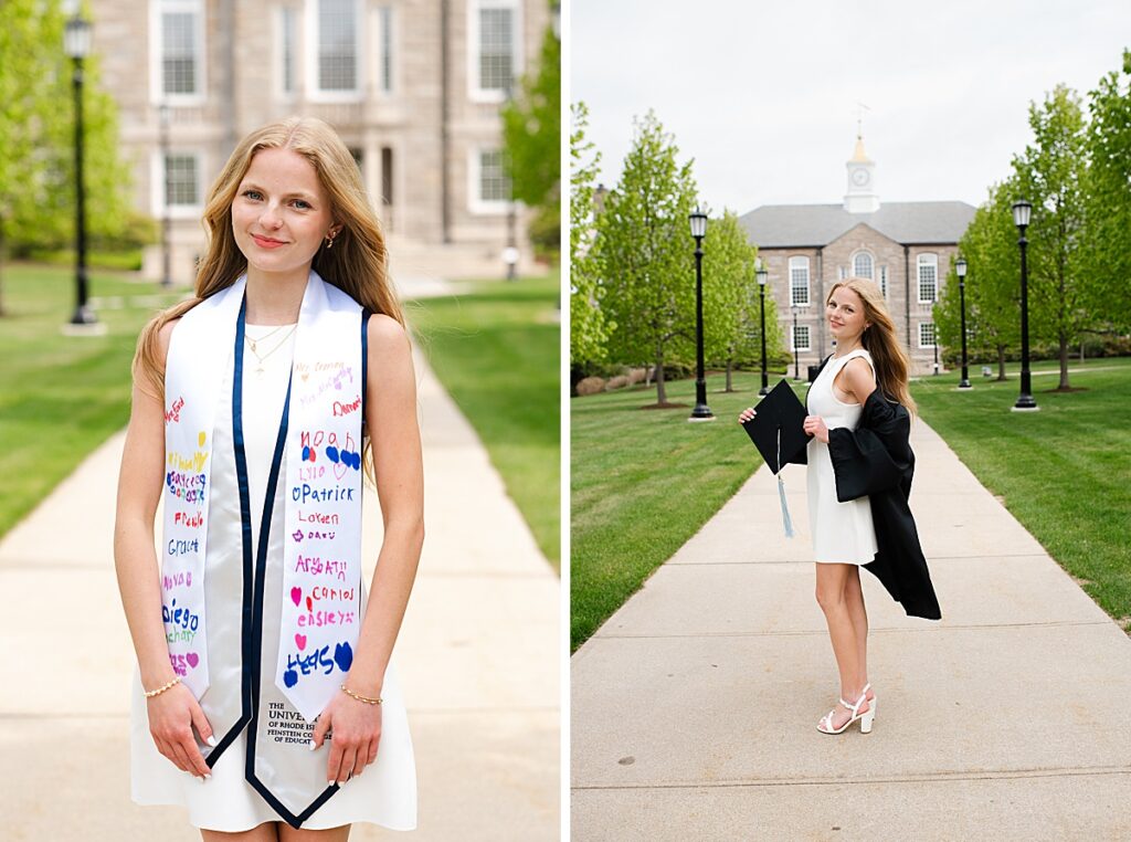 female grad posing with multiple sashes at URI