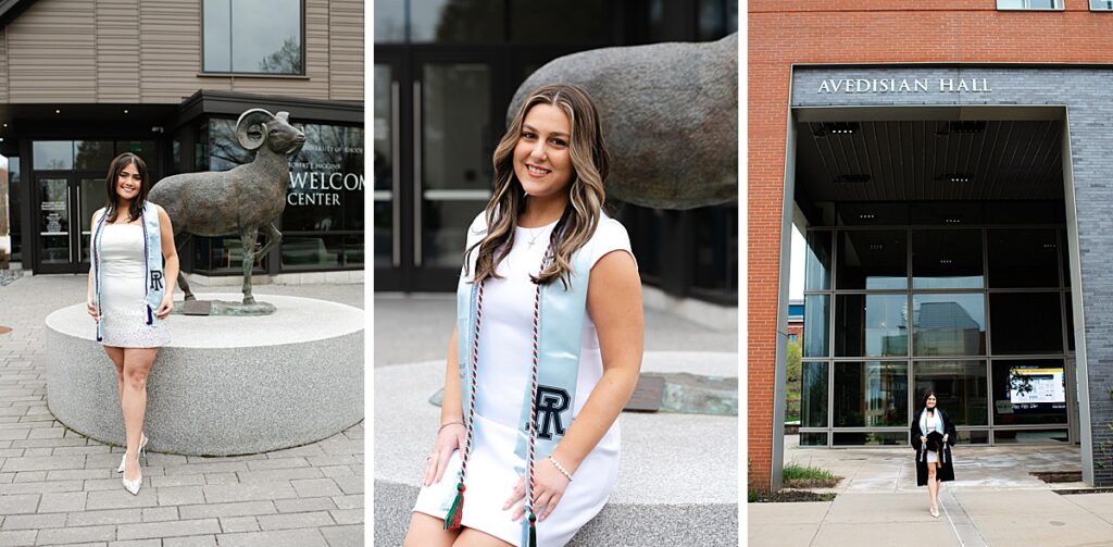 graduate posing in front of college ram mascot