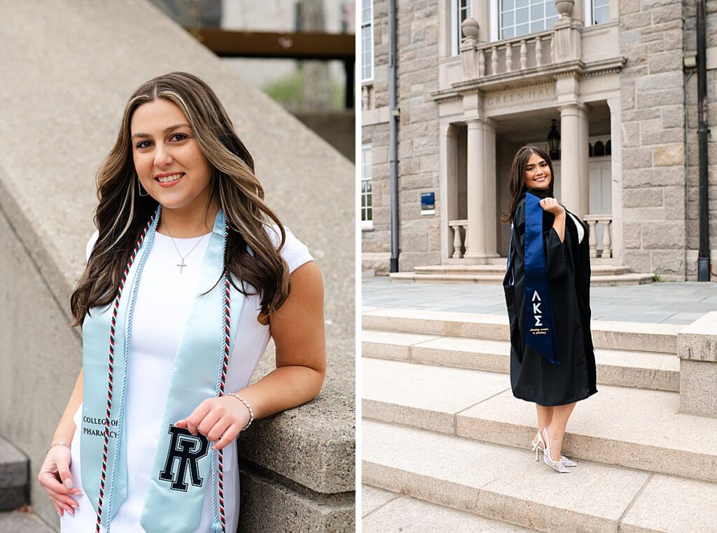 college of pharmacy graduate holding sash over her shoulder while wearing her gown