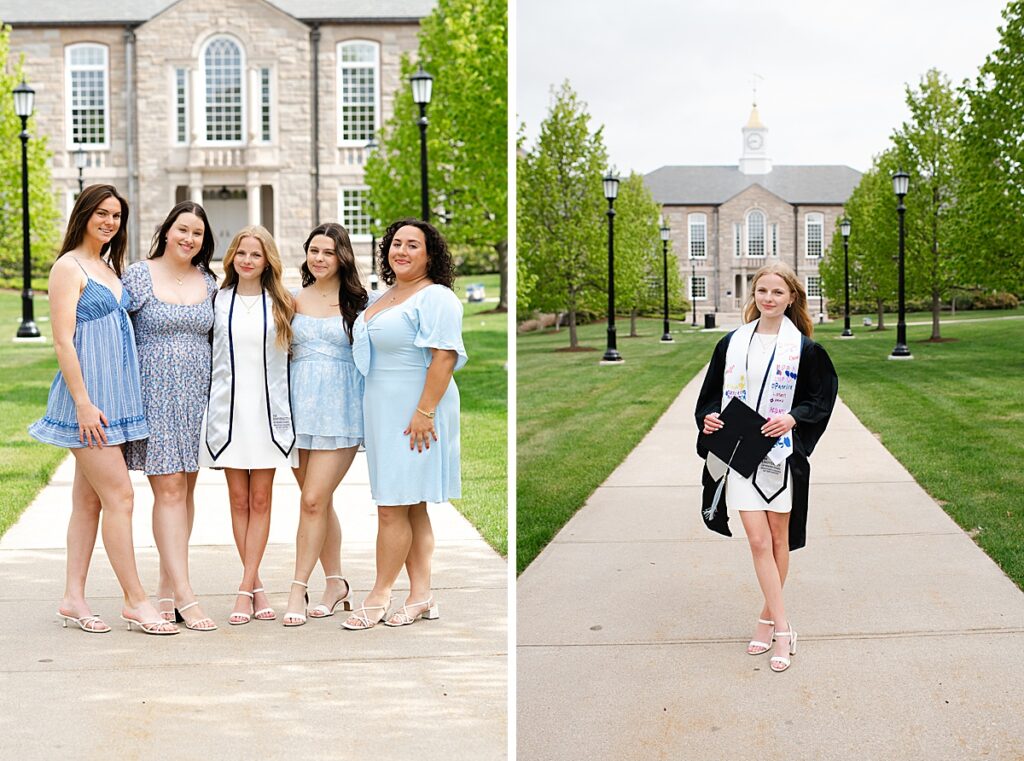 college grad in gown with sashes holding cap in front of campus building at URI
