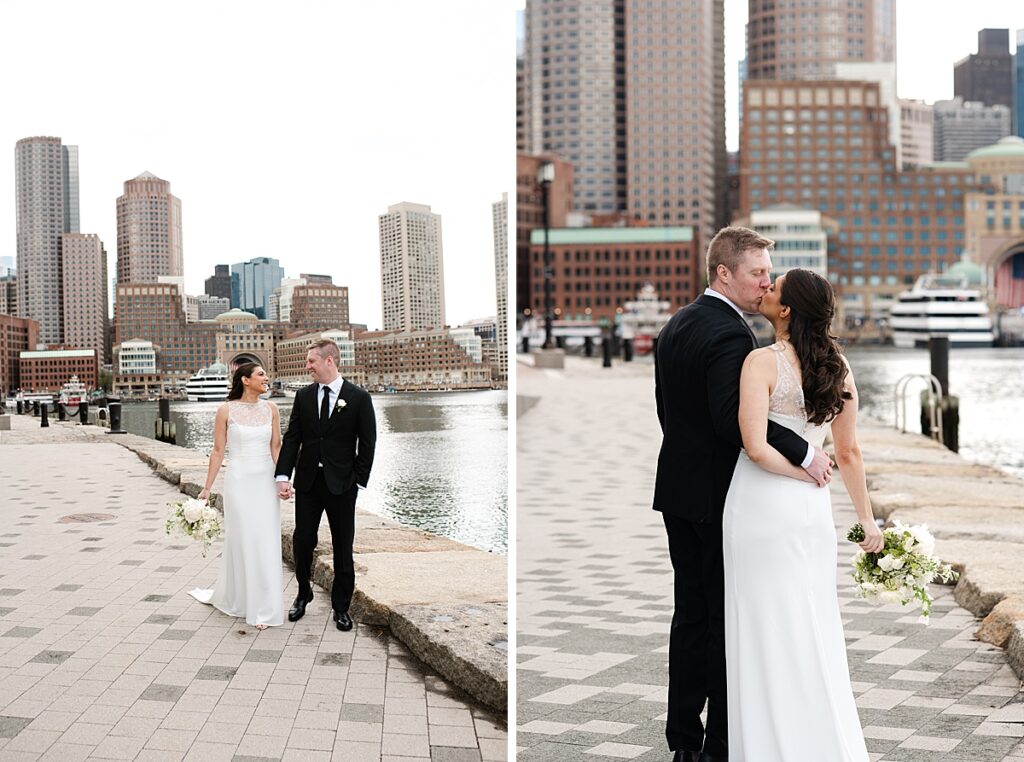 Bride and groom walking along the Seaport during their ICA Boston wedding