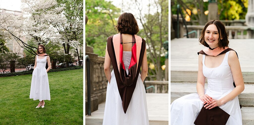 Graduate in elegant dress wearing commencement regalia