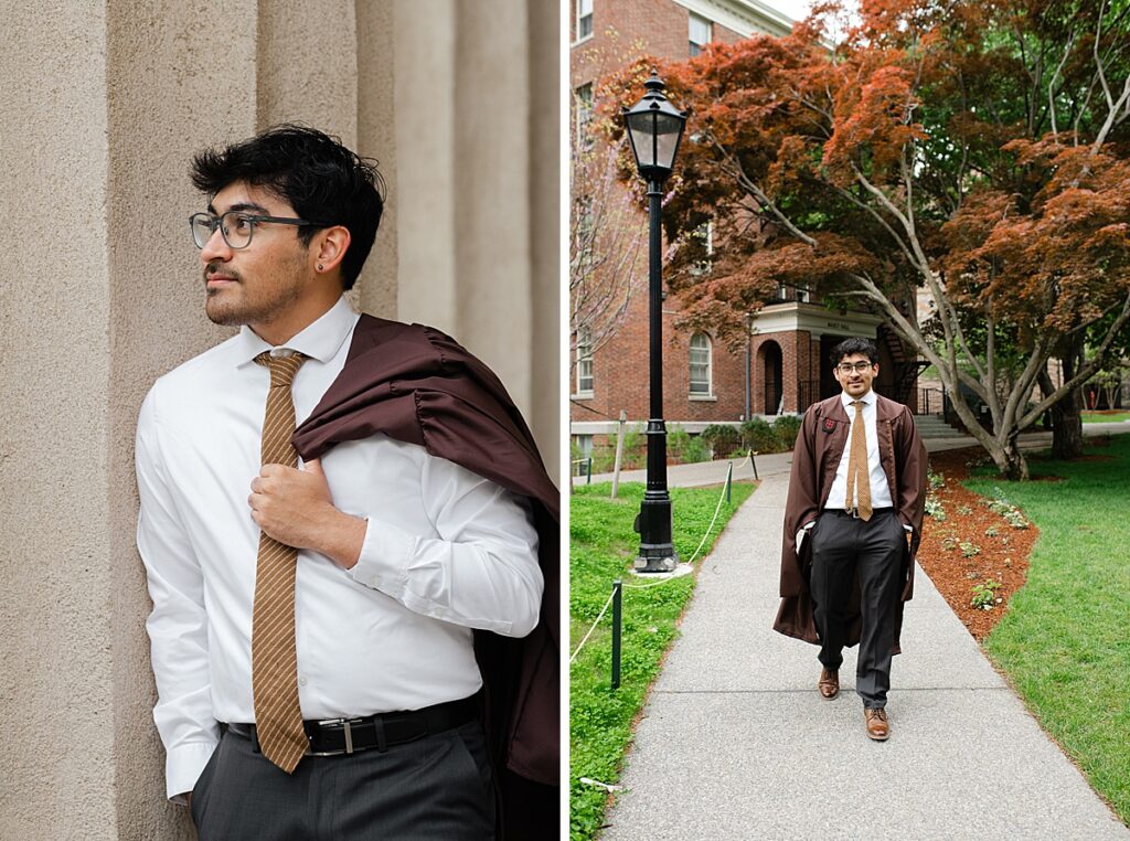 Graduate walking through campus in cap and gown