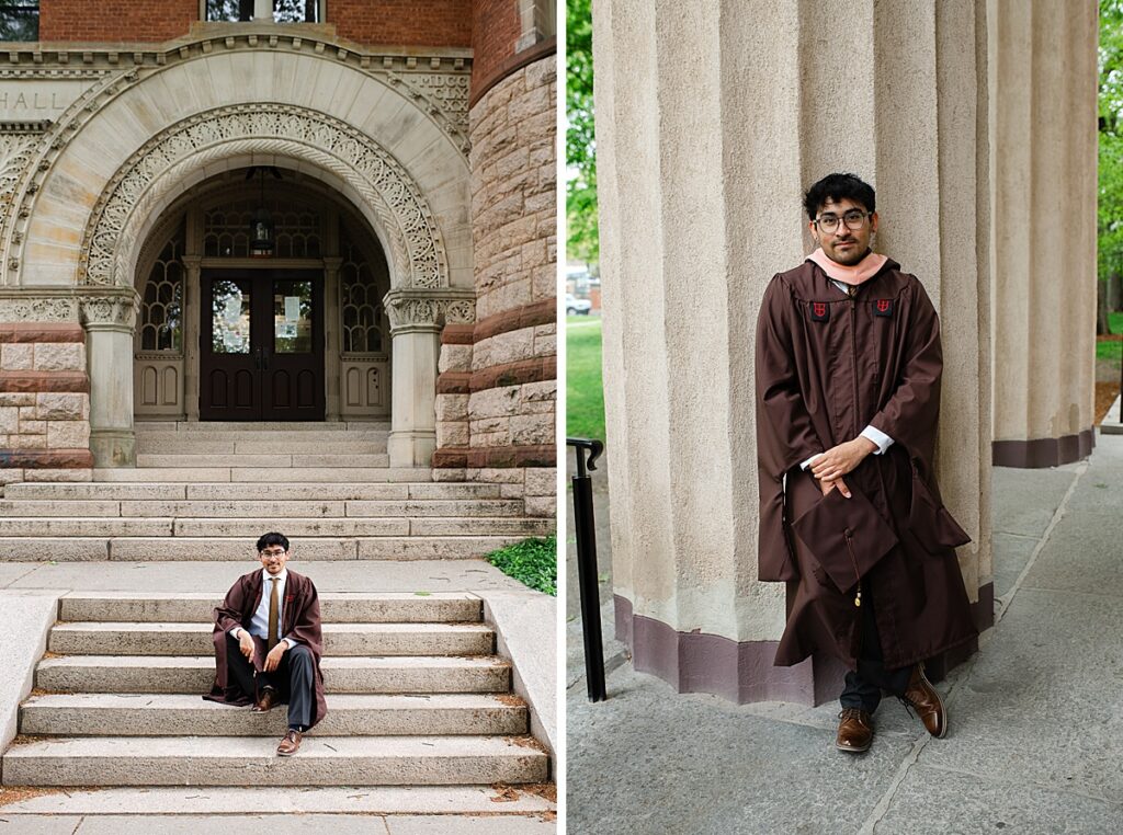 Brown University graduation portrait with historic architecture