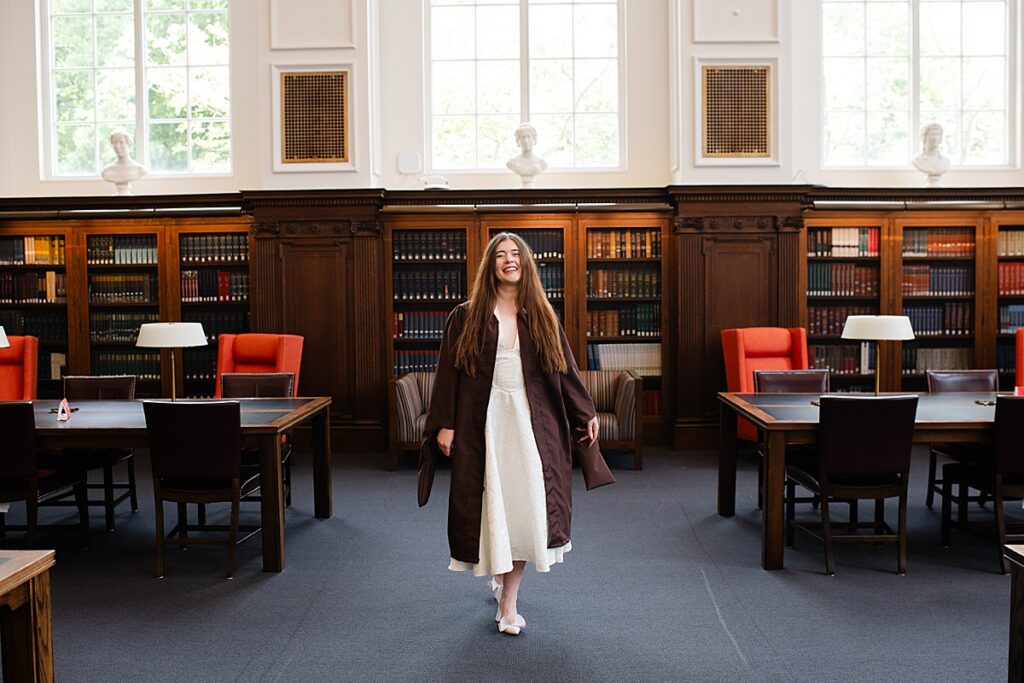Brown University graduation portrait in library