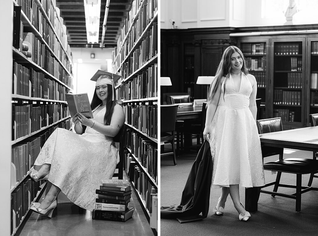 Graduate in library space for graduation portraits