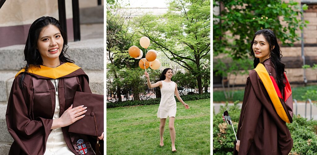 Graduate celebrating commencement with balloons and pinwheels