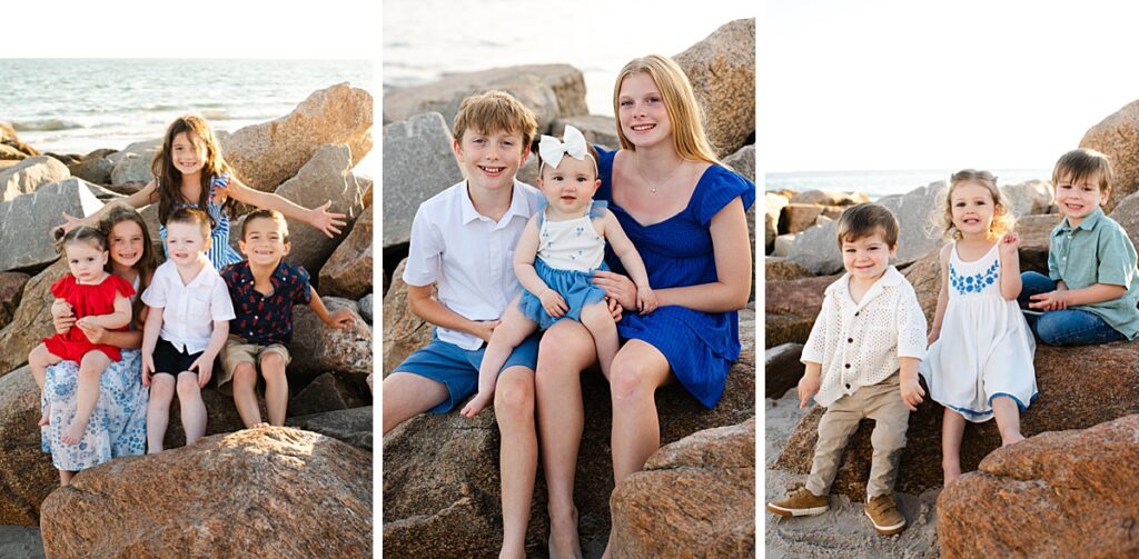 Summer family portraits at Roger Wheeler Beach during golden hour
