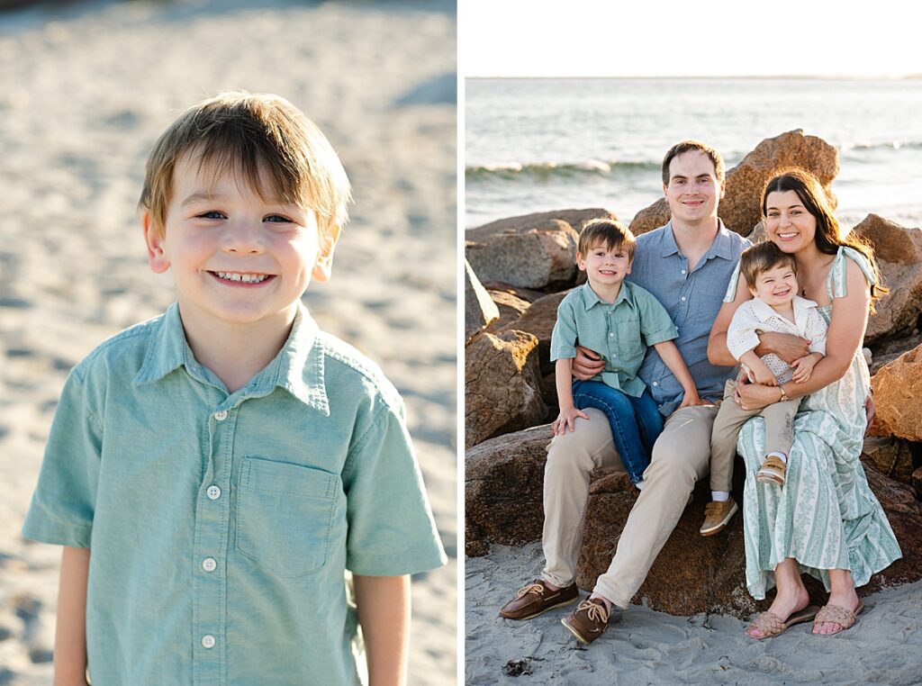 Family smiling together on the shoreline at Roger Wheeler Beach
