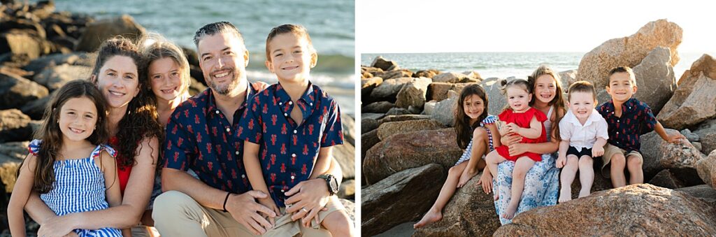 Family sitting together on seaside rocks