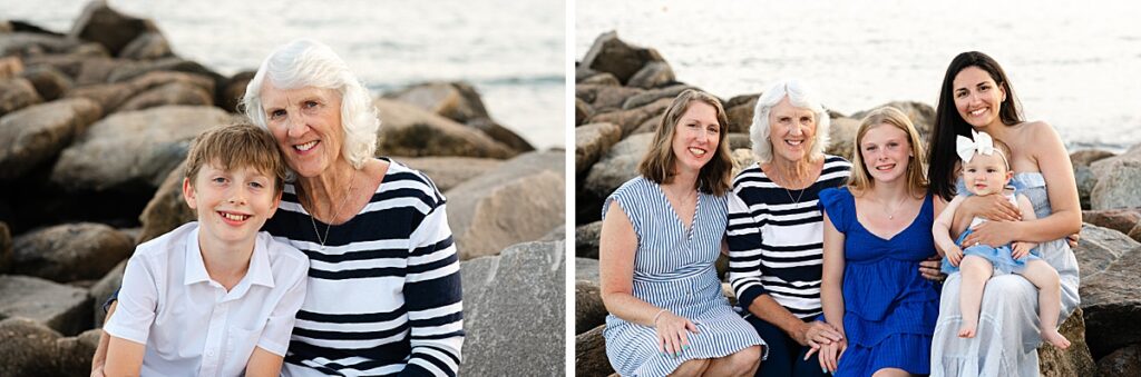 Three generations gathered for family photos by the ocean
